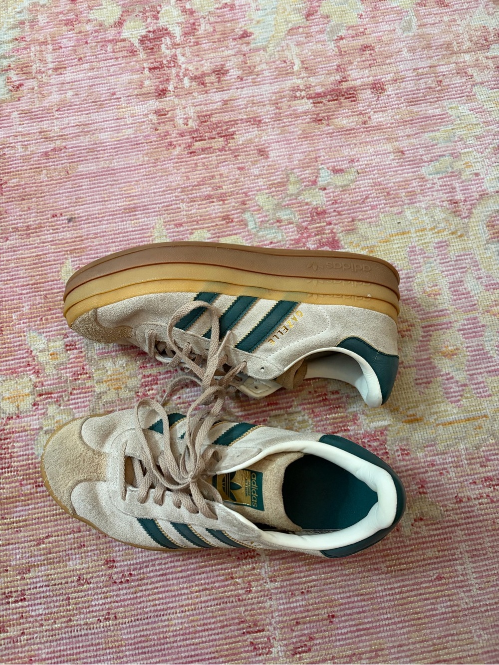 adidas Bold Gazelles Beige Suede Sneakers with Dark Green Stripes